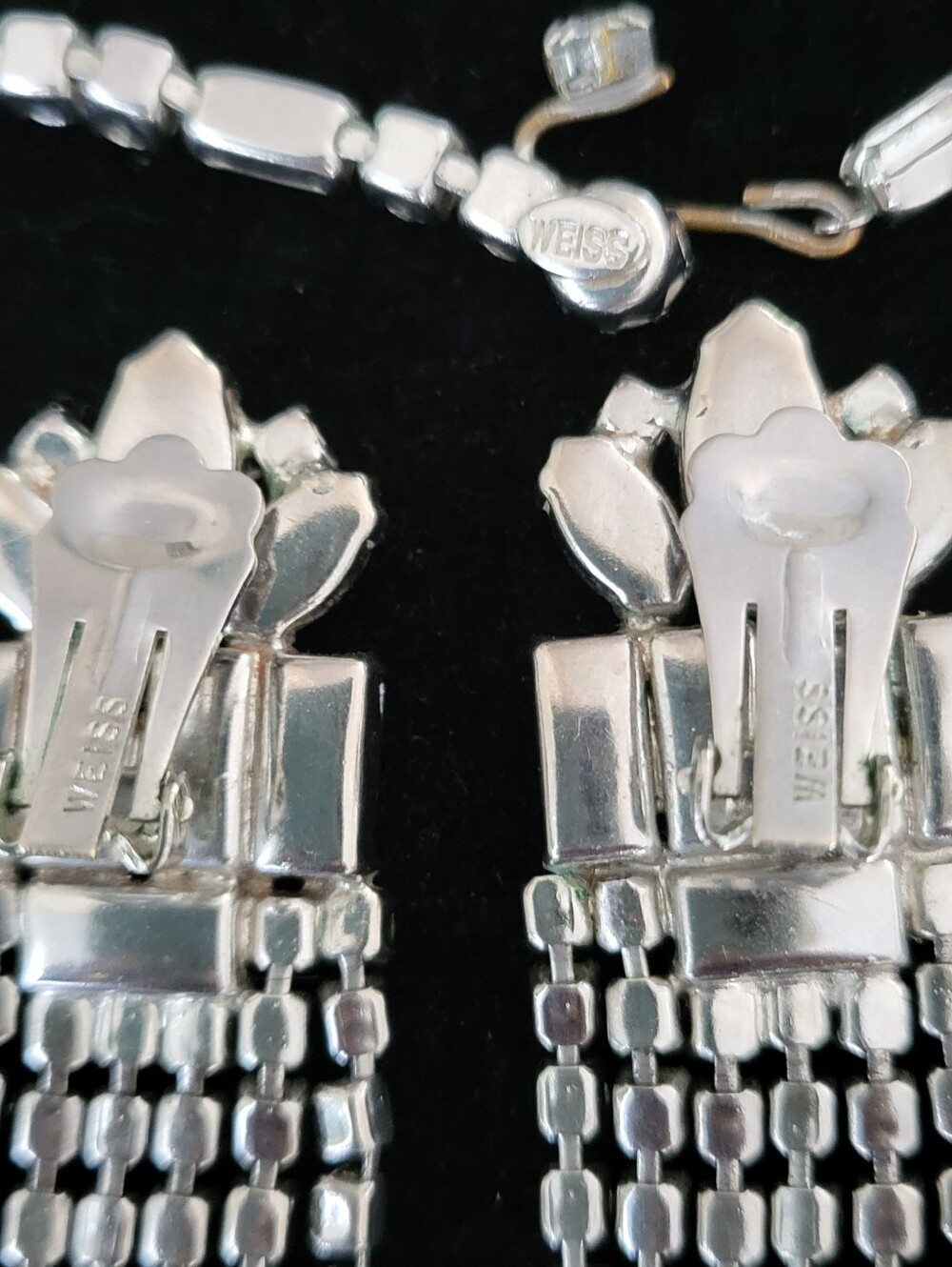 Vintage Weiss Silvertone Rhinestones  Statement Necklace and Tassel Earrings Set - Picture 6 of 8